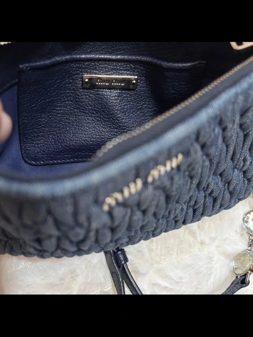 Miu Miu Navy Quilted Denim Crossbody with Crystal Accent